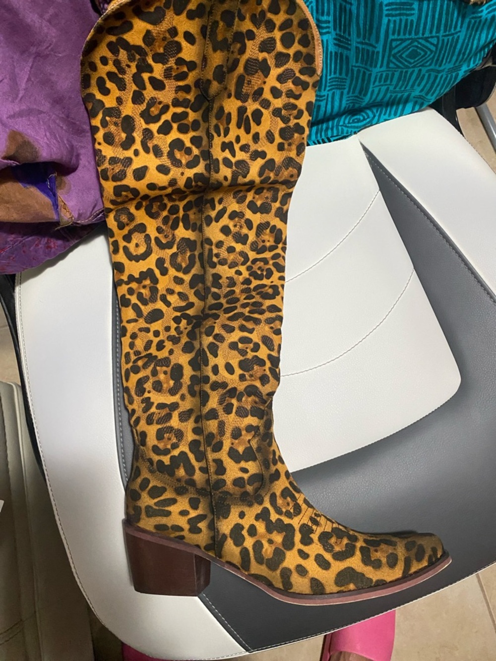 Leopard Print Knee High Almond Toe Embroidery OTK Western Boots NIB Size 8.5 - Picture 10 of 16